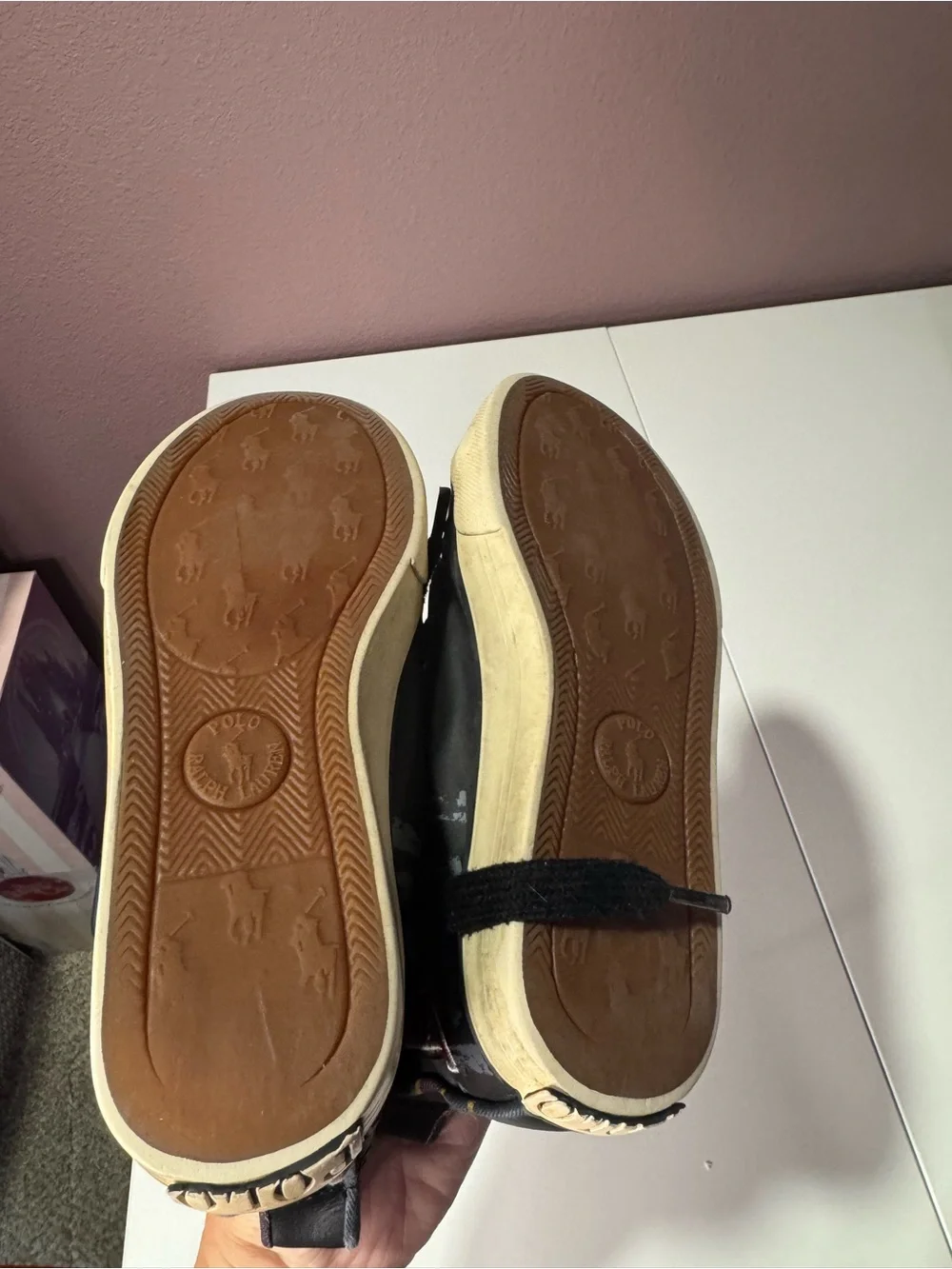 Polo by Ralph Lauren Black Leather Kids High-Top Boots with Cream Toe Caps